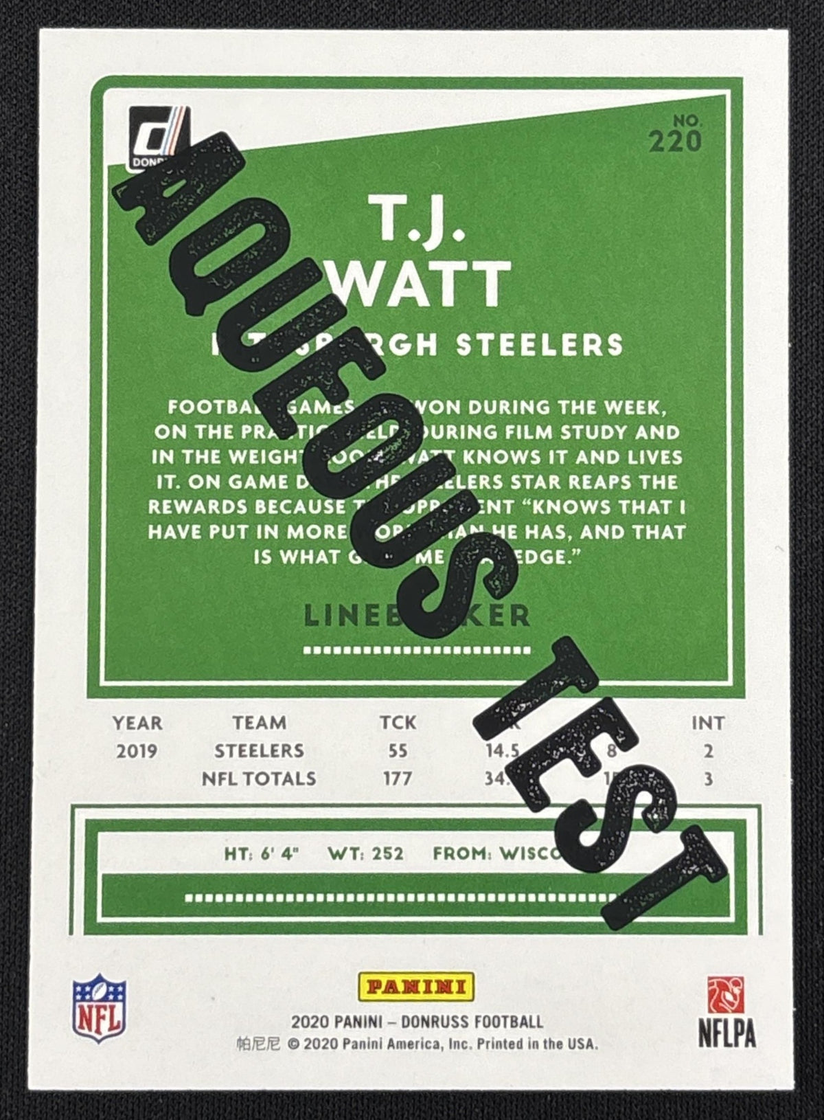 T.J. Watt 2020 Panini Donruss Aqueous Test Steelers sports trading card back
