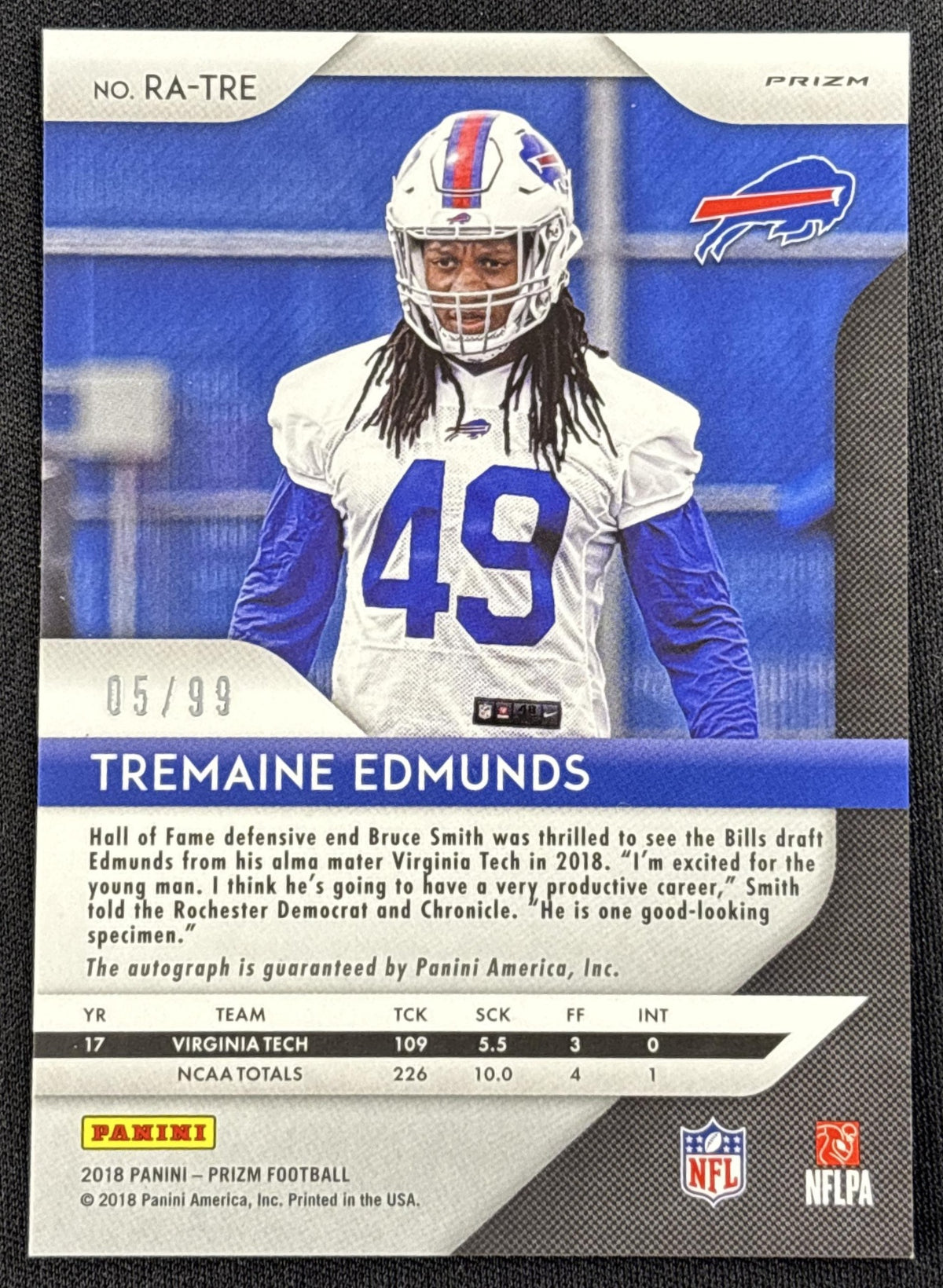 Tremaine Edmunds 2018 Panini Prizm Rookie Auto Blue Scope /99 Bills