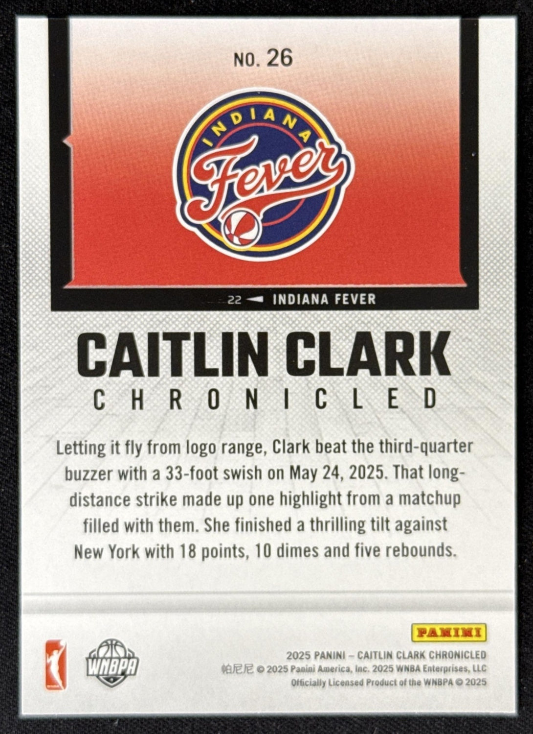 Caitlin Clark 2025 Panini Chronicled WNBA Fever 26 Sports Trading Card