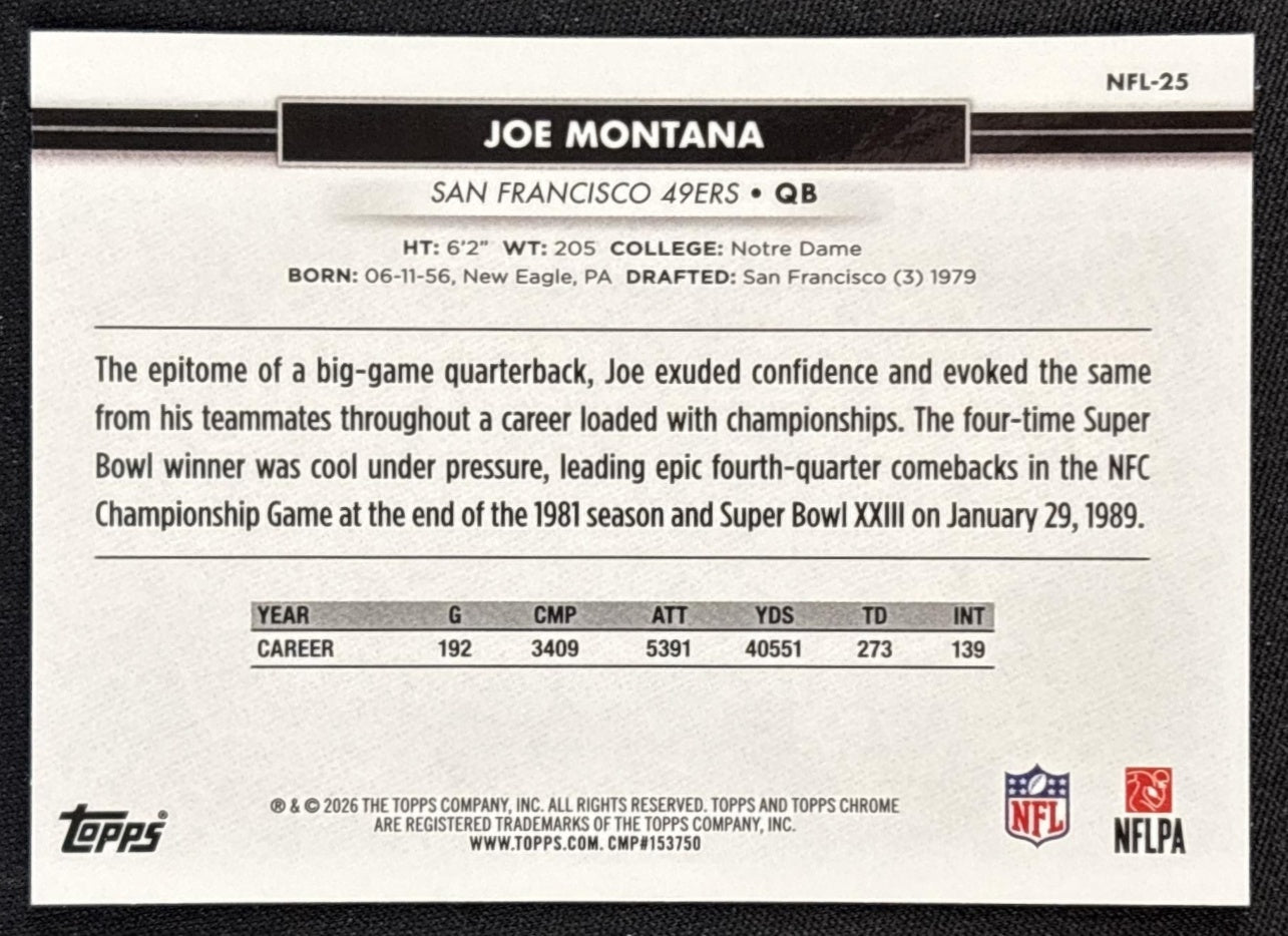 Joe Montana 2026 Topps NSCC Collection NFL 49ers Sports Trading Cards