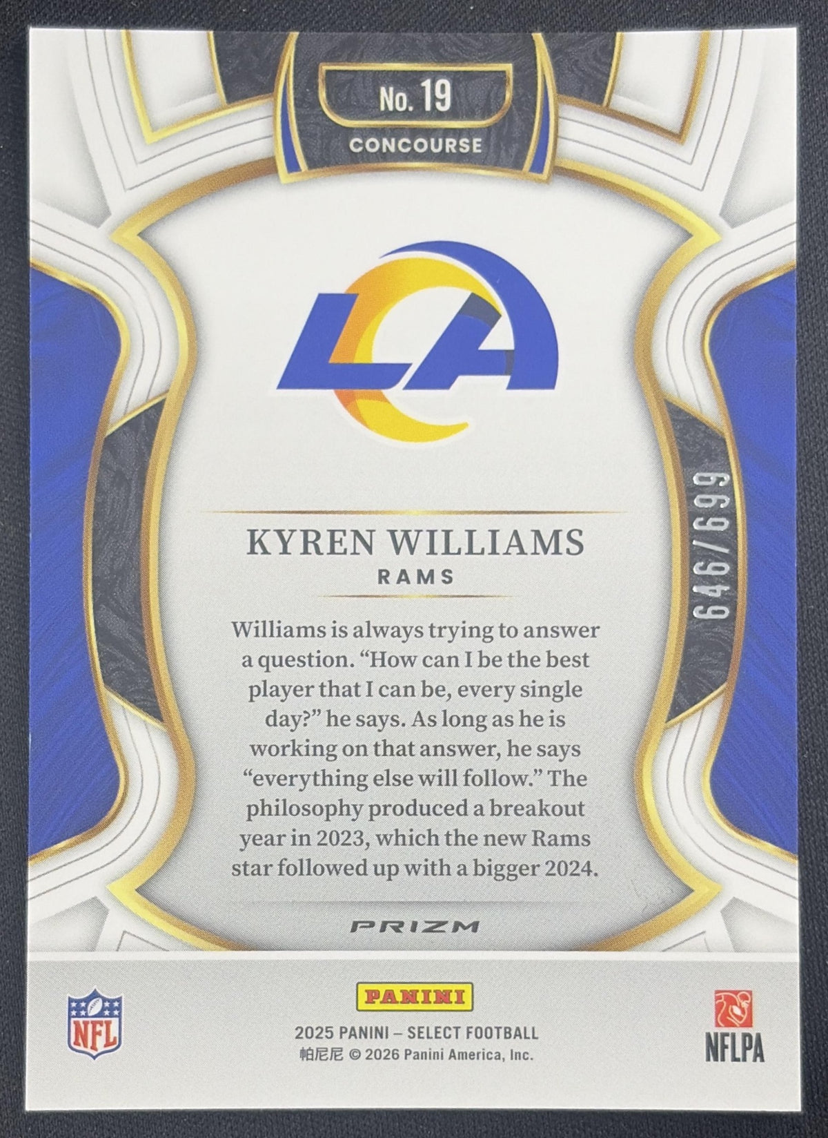Kyren Williams 2025 Panini Select Concourse Purple Prizm Shock /699 Rams