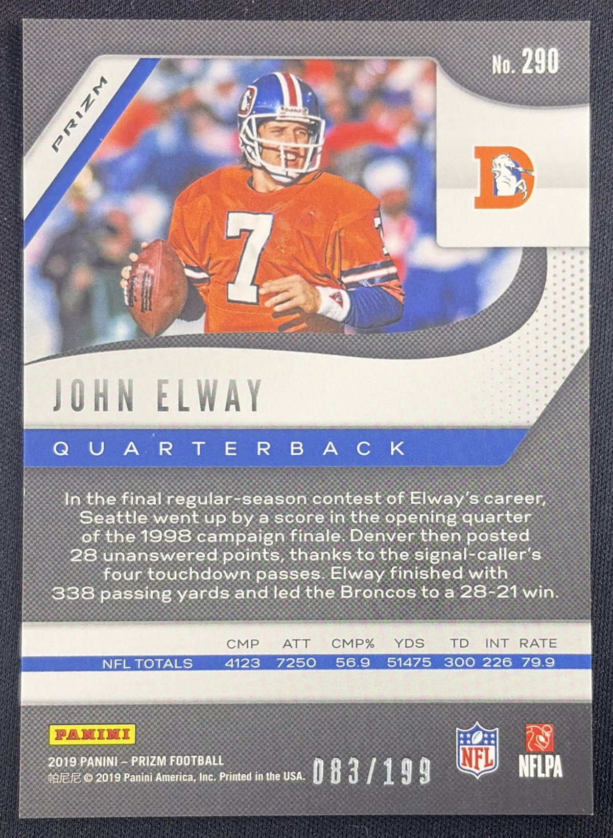 John Elway 2019 Panini Prizm Blue Wave /199 Broncos Sports Trading Card