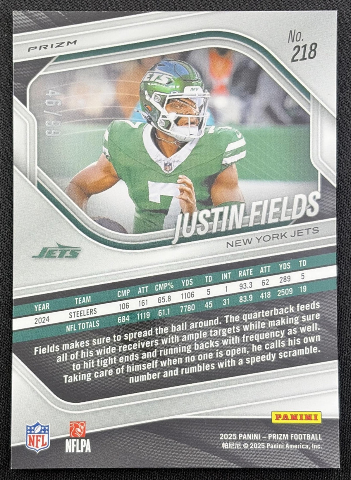 Justin Fields 2025 Panini Prizm No Huddle Red /99 Jets New York Jets