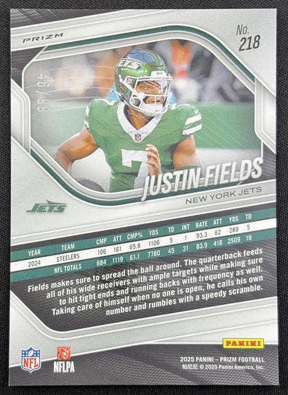 Justin Fields 2025 Panini Prizm No Huddle Red /99 Jets New York Jets