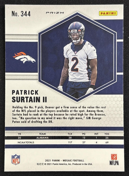 Patrick Surtain II 2021 Panini Mosaic White Sparkle Prizm SSP Broncos sports trading card back