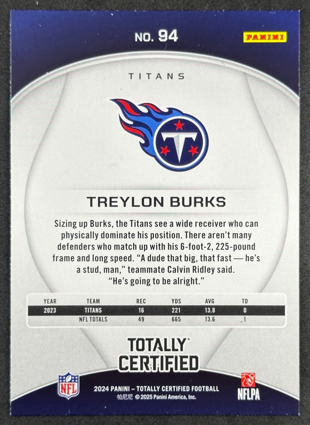 Treylon Burks 2024 Panini Totally Certified Maroon Titans Sports Trading Cards