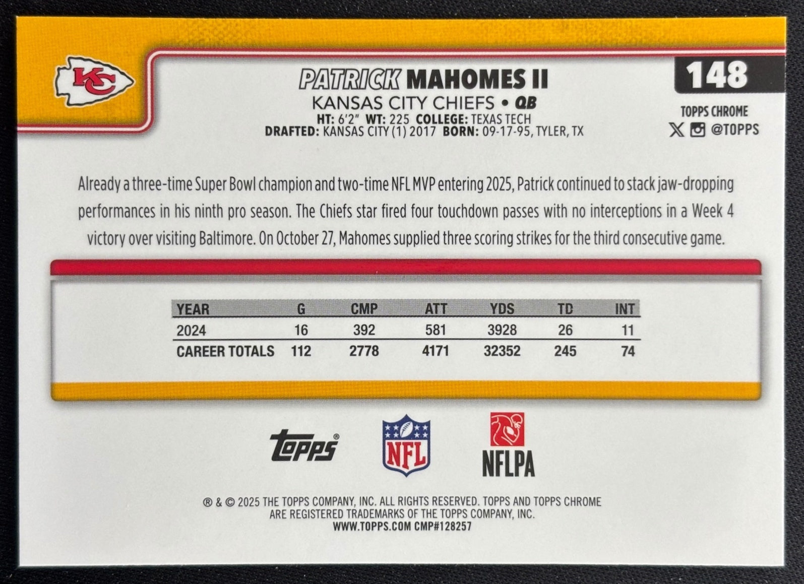 Patrick Mahomes II 2025 Chrome Chiefs Sports Trading Cards