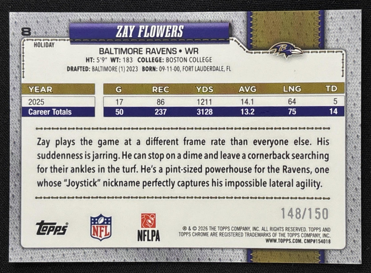 Zay Flowers 2026 Topps Holiday Chrome Blue Sparkle Refractor /150 Ravens Sports Trading Card