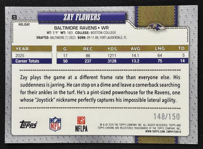 Zay Flowers 2026 Topps Holiday Chrome Blue Sparkle Refractor /150 Ravens Sports Trading Card