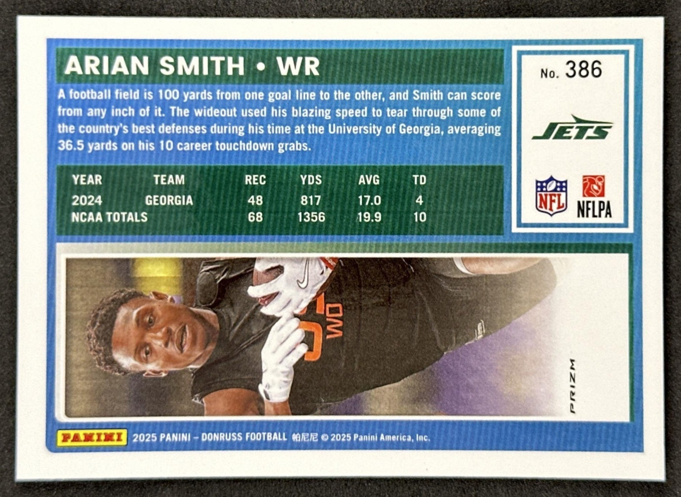 Arian Smith 2025 Panini Donruss Optic Rated Rookie Preview Pink Jets back sports trading card