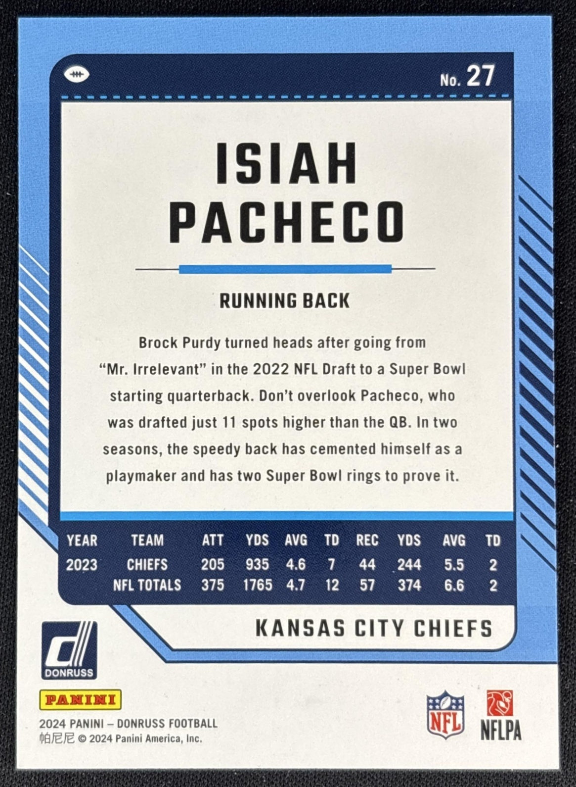 Isiah Pacheco 2024 Panini Donruss Press Proof Silver /100 Chiefs Back