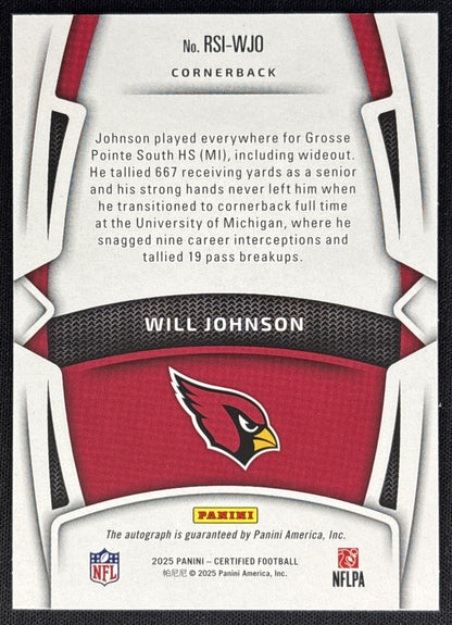 Will Johnson 2025 Panini Certified Rookie Signatures /125 Cardinals Sports Trading Cards