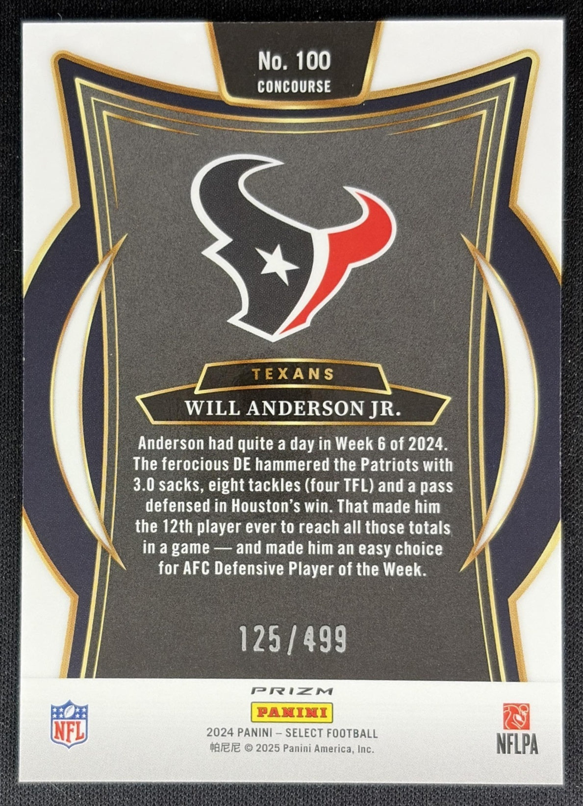 Will Anderson Jr. 2024 Panini Select Concourse Orange Prizm Shock /499 Texans back