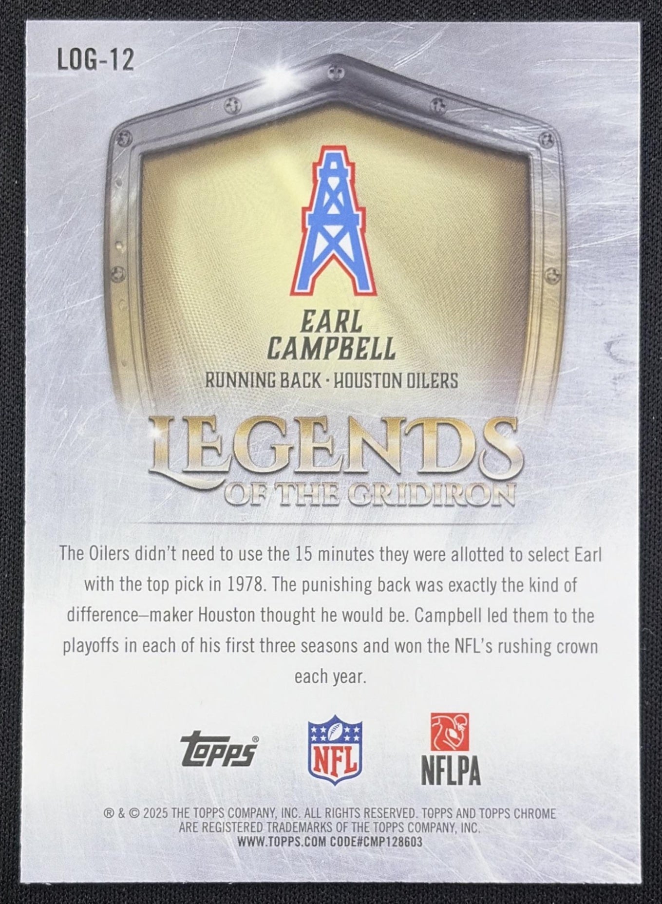 Earl Campbell 2025 Topps Chrome Legends of the Gridiron Yellow Refractor /275 Oilers Houston Oilers
