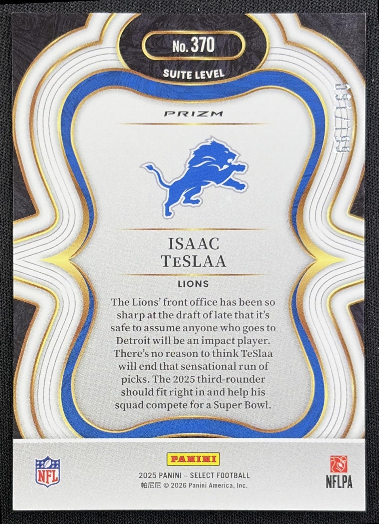 Isaac TeSlaa 2025 Panini Select Suite Level Tri-Color Prizm /199 Lions - back