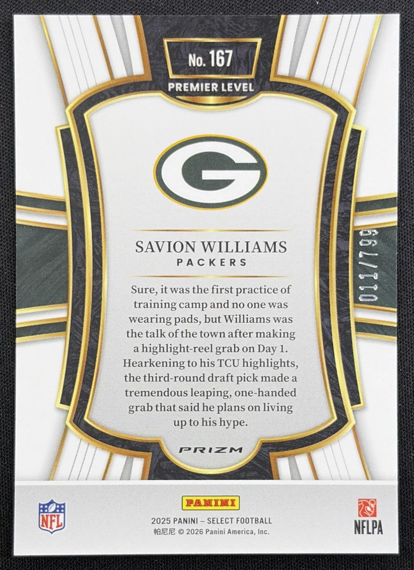 Savion Williams 2025 Panini Select Premier Level White Prizm Shock /799 Packers