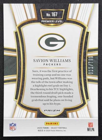 Savion Williams 2025 Panini Select Premier Level White Prizm Shock /799 Packers