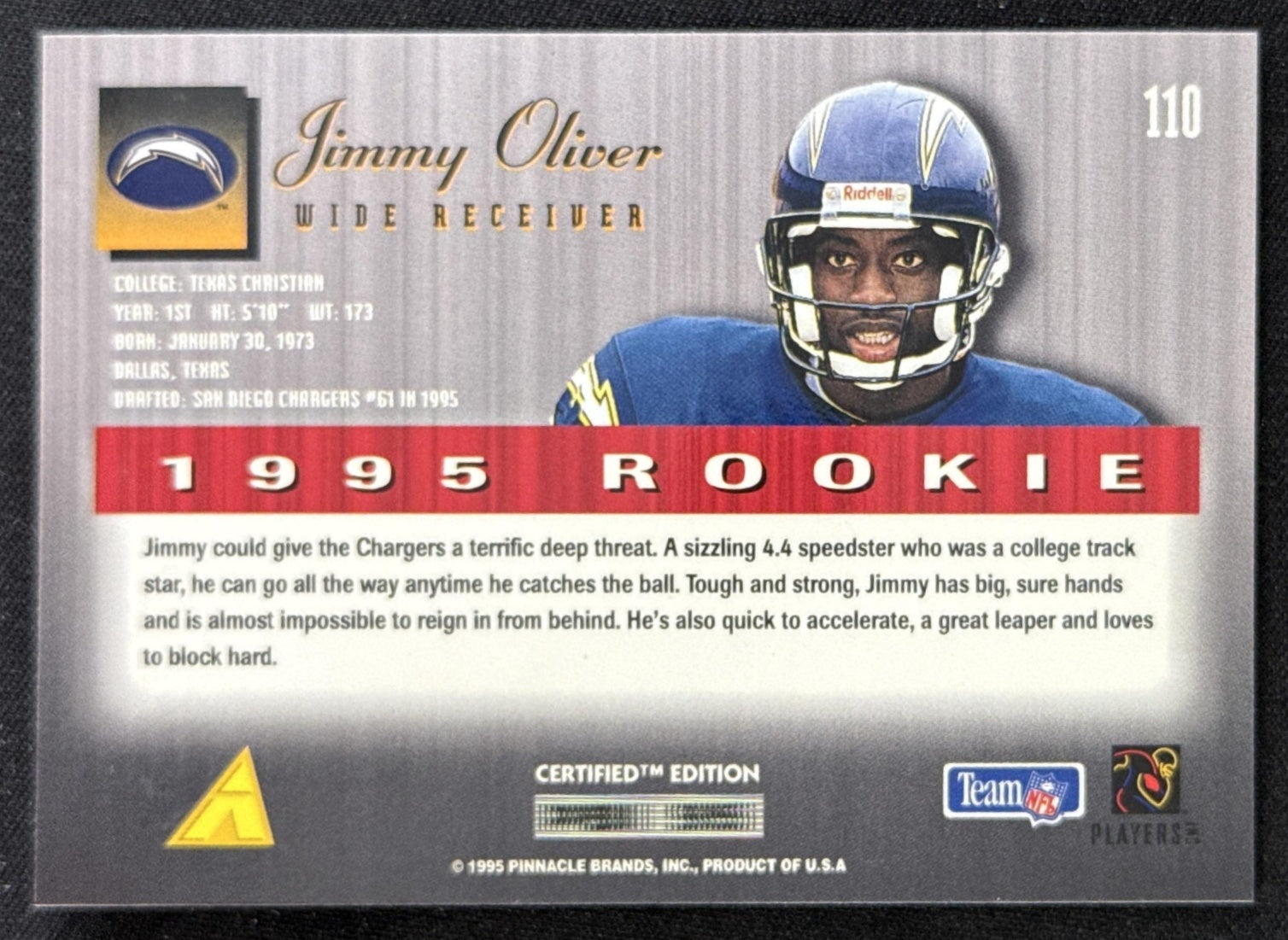 Jimmy Oliver 1995 Pinnacle Select Certified Chargers Sports Trading Card