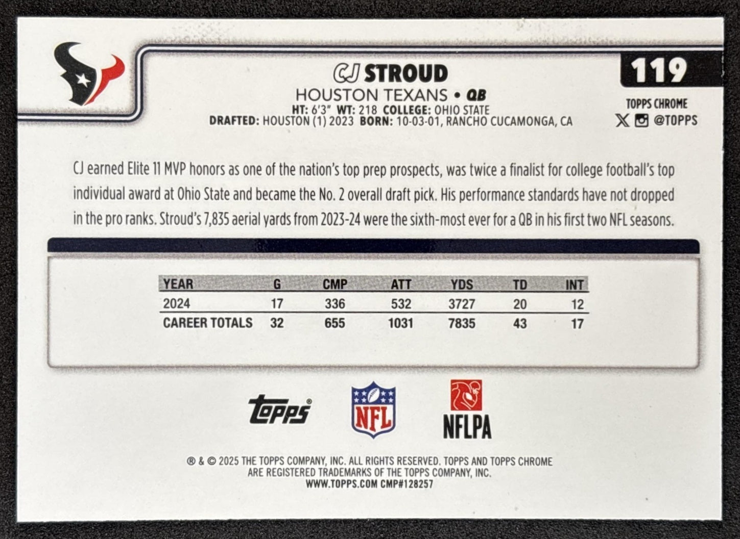 CJ Stroud 2025 Topps Chrome Purple Refractor /75 Texans