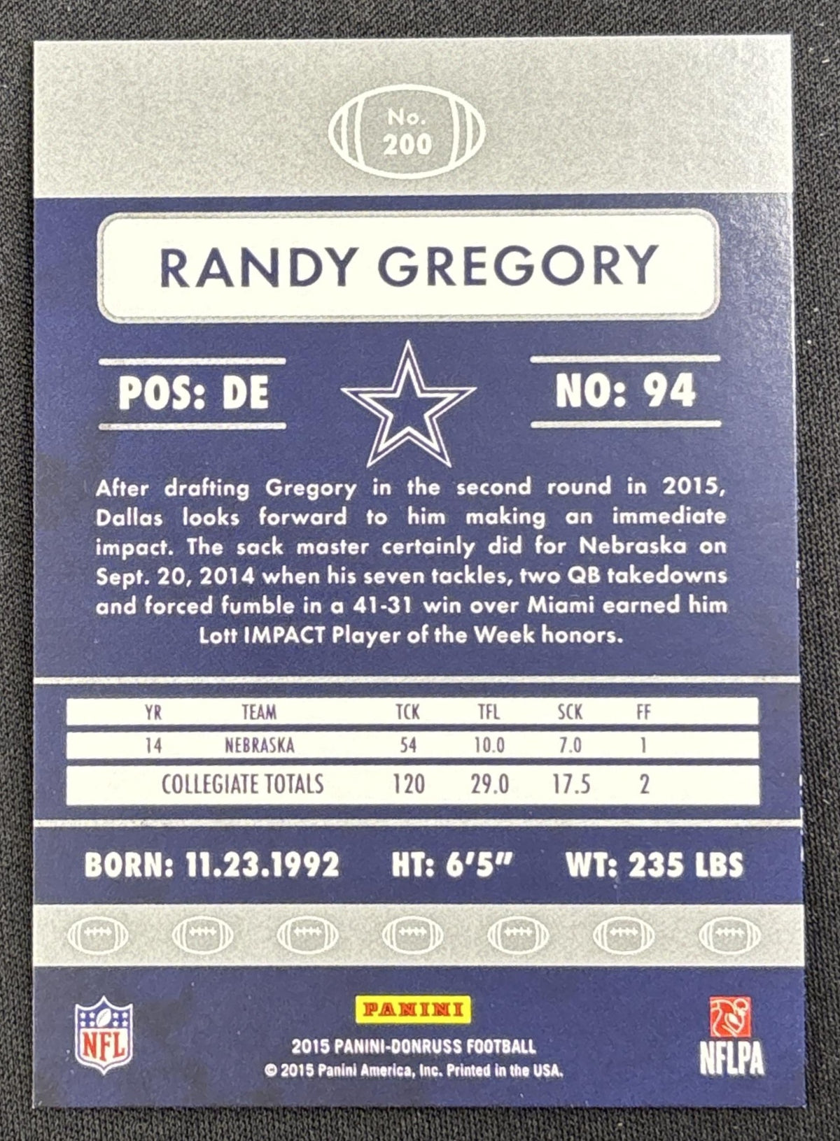 Randy Gregory 2015 Panini Donruss Press Proof Purple /199 Cowboys