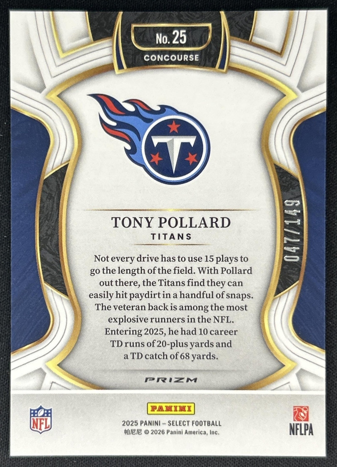 Tony Pollard 2025 Panini Select Concourse Marron Prizm /149 Titans back