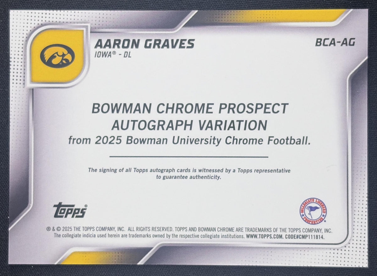 Aaron Graves 2025 Bowman Chrome University Prospect Auto Hawkeyes Sports Trading Card