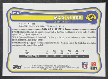Max Klare 2026 Bowman Chrome NFL Mojo Refractor Rams