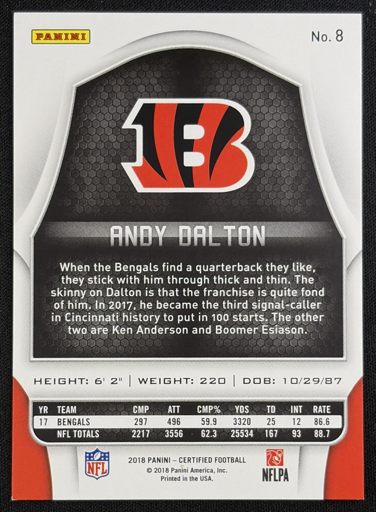 Andy Dalton 2018 Panini Certified Mirror Silver /499 Bengals Cincinnati Bengals Sports Trading Card