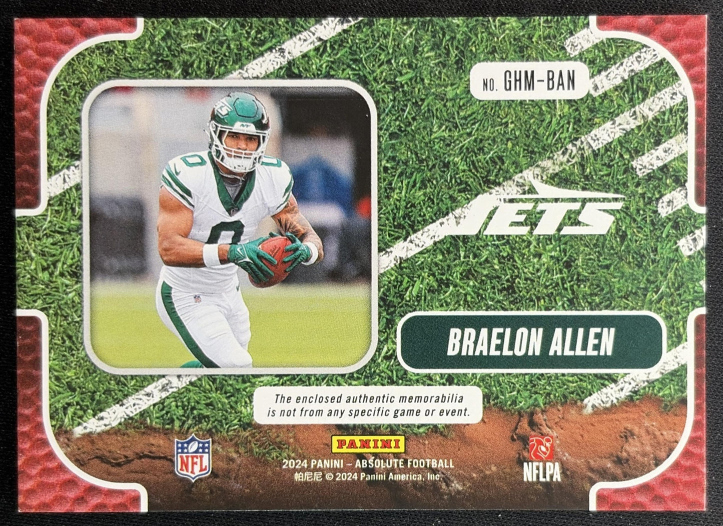 Braelon Allen 2024 Panini Absolute Ground Hoggs Materials /250 Jets Back