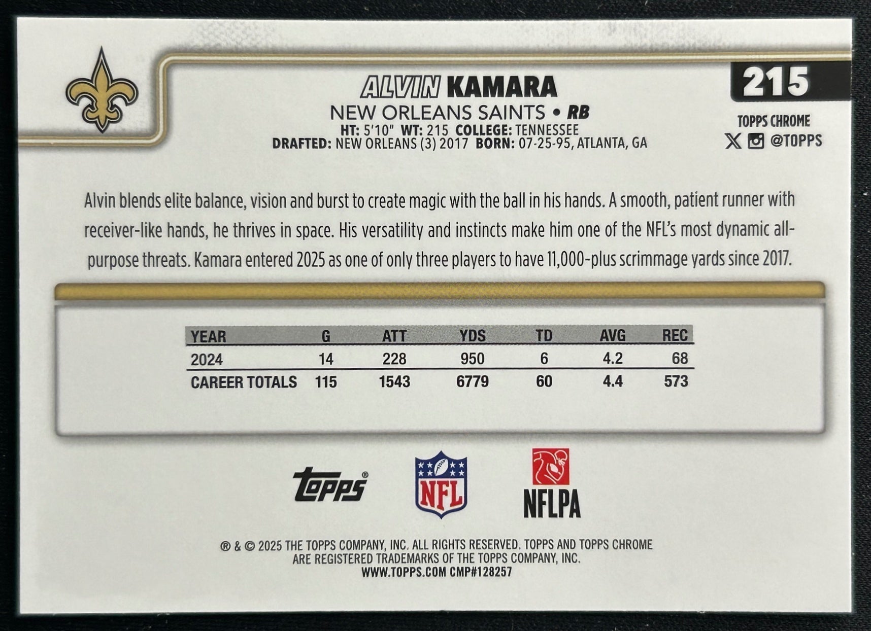 Alvin Kamara 2025 Topps Chrome Saints Sports Trading Cards