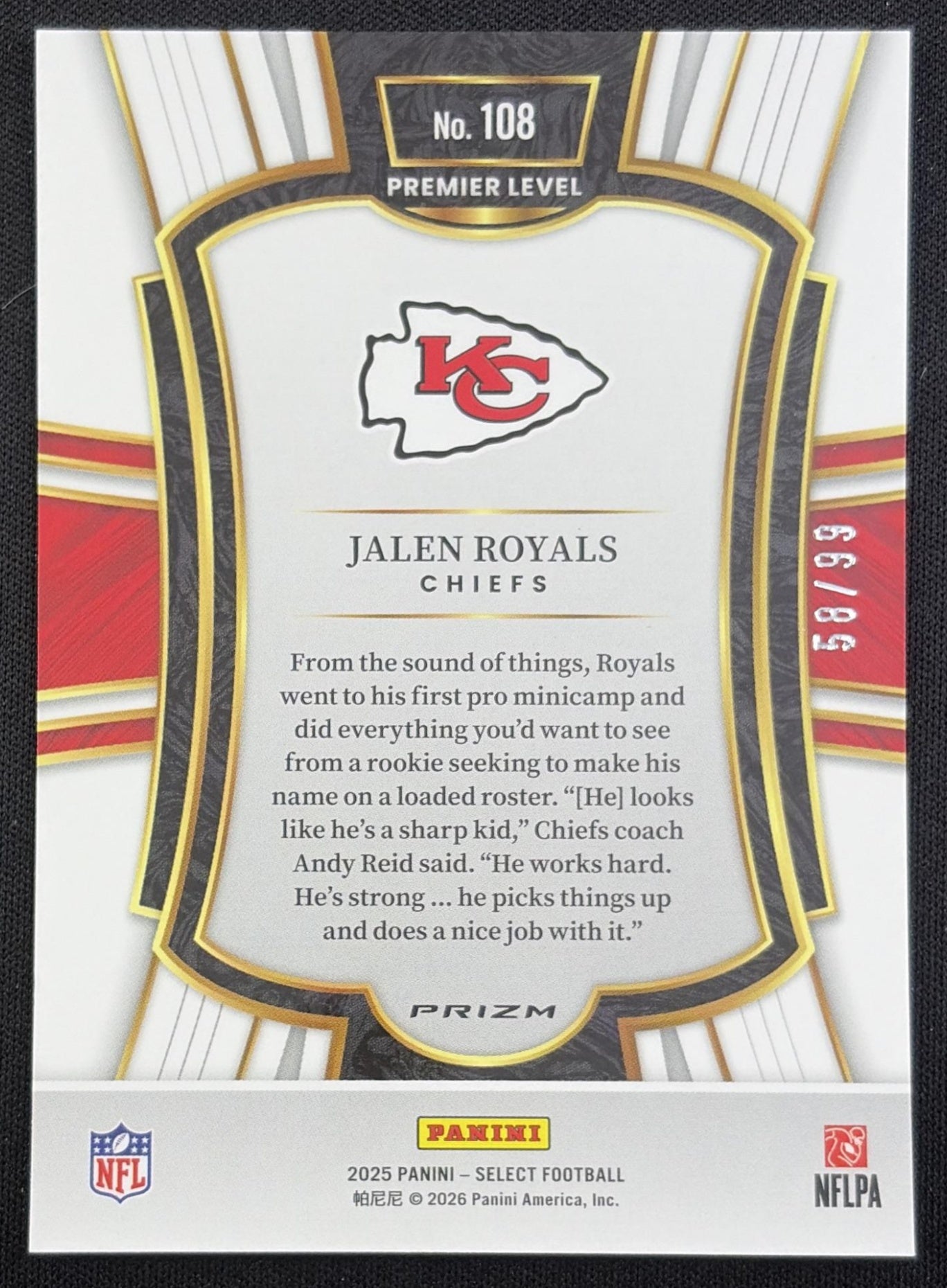 Jalen Royals 2025 Panini Select Premier Level Light Blue Prizm /99 Chiefs Kansas City Chiefs