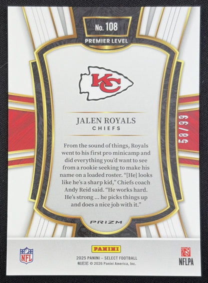 Jalen Royals 2025 Panini Select Premier Level Light Blue Prizm /99 Chiefs Kansas City Chiefs