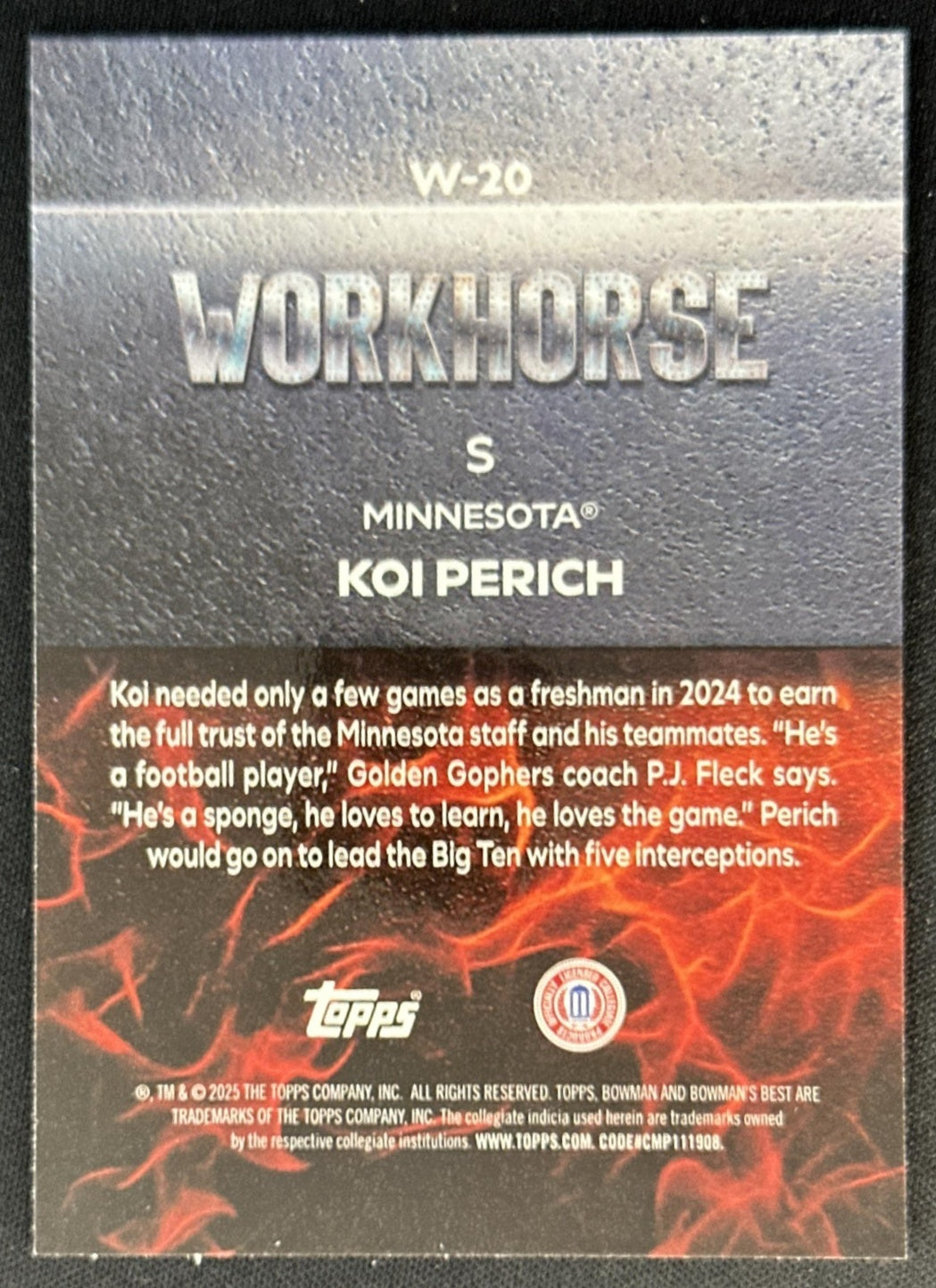 Koi Perich 2025 Best University Workhorse Shimmer Refractor Golden Gophers Vikings Sports Trading Cards