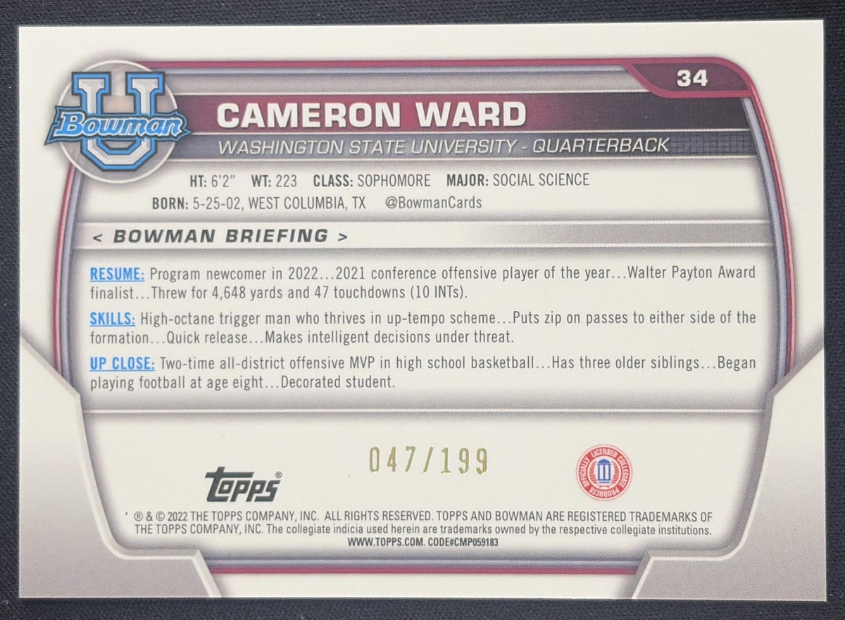 Cameron Ward 2022 Bowman University Chrome Blue Refractor /199 Sports Trading Card
