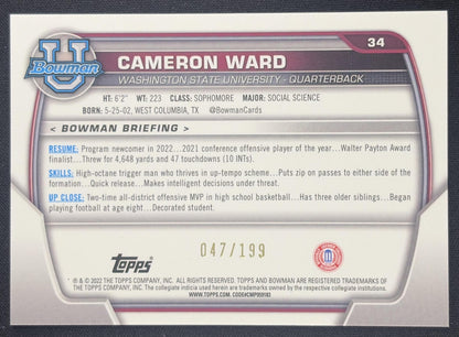 Cameron Ward 2022 Bowman University Chrome Blue Refractor /199 Sports Trading Card