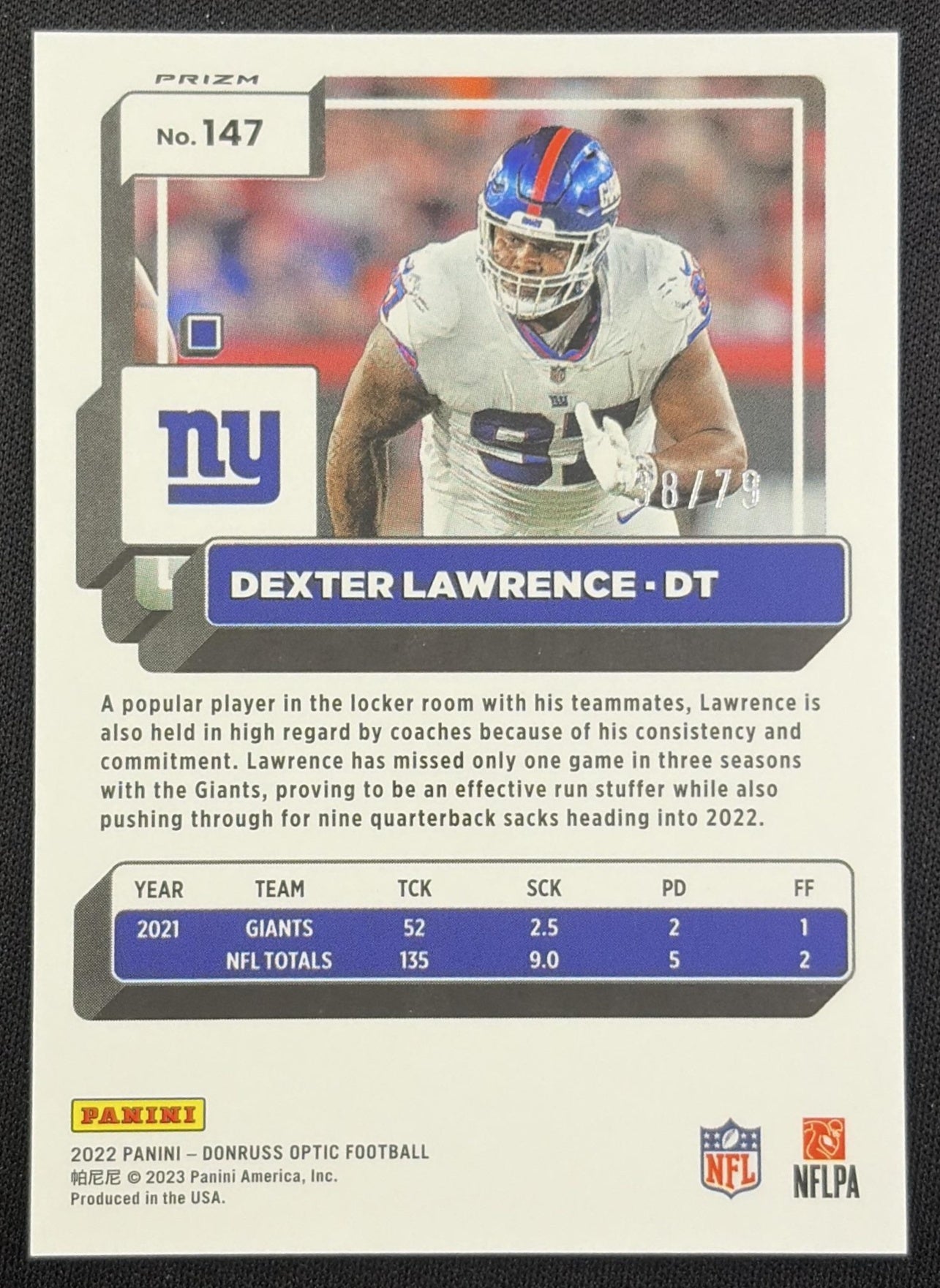 Dexter Lawrence 2022 Panini Donruss Optic Pink Velocity /79 Giants back