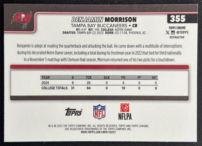 Benjamin Morrison 2025 Chrome Rookie Refractor Buccaneers Sports Trading Cards