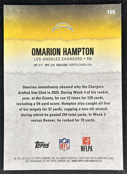 Omarion Hampton 2025 Topps Signature Class Rookie Chargers back
