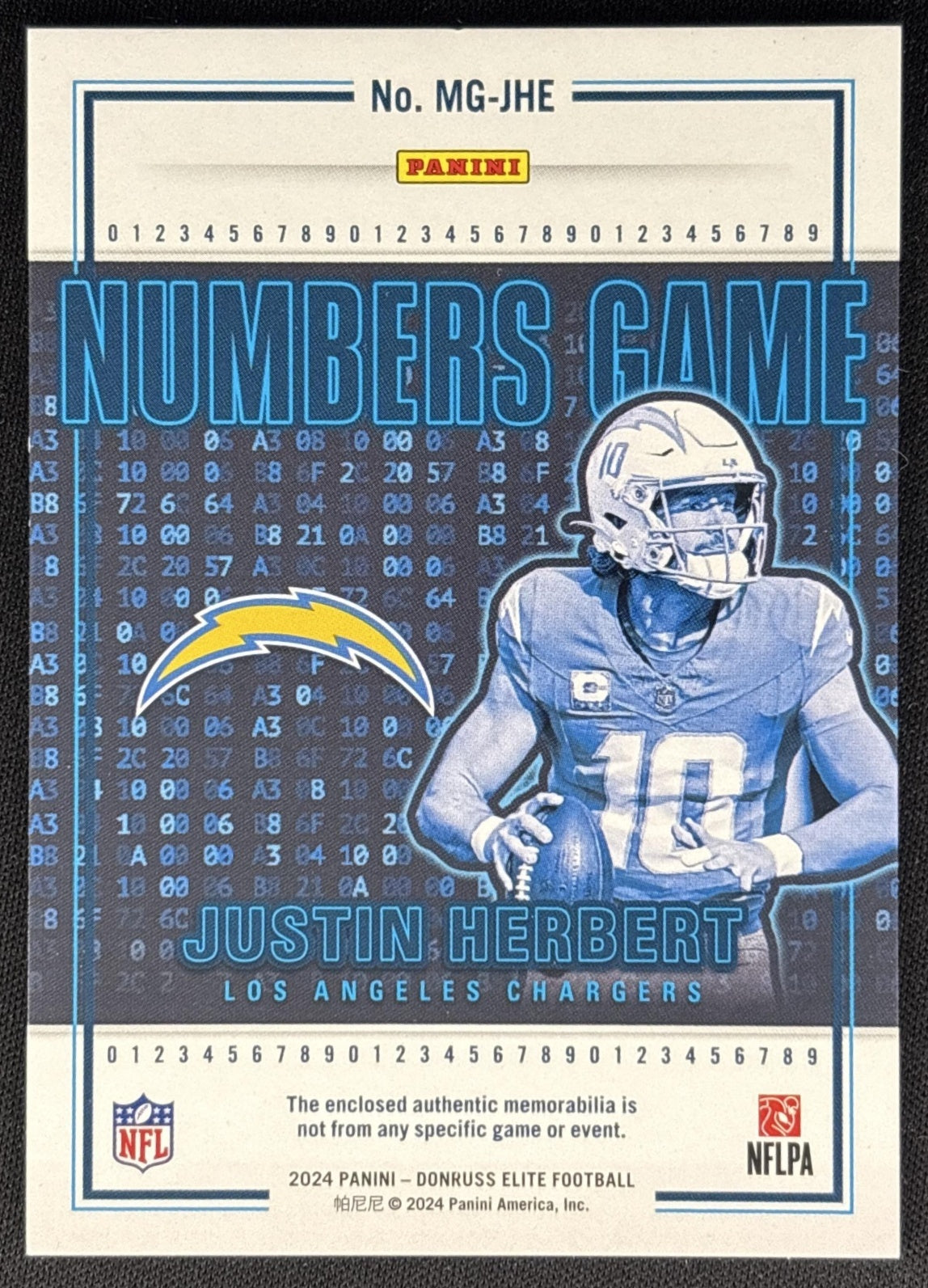 Justin Herbert 2024 Panini Donruss Elite Numbers Game Jerseys /500 Chargers back