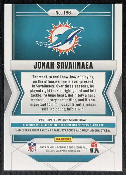 Jonah Savaiinaea 2025 Panini Donruss Elite Rookies /999 Dolphins