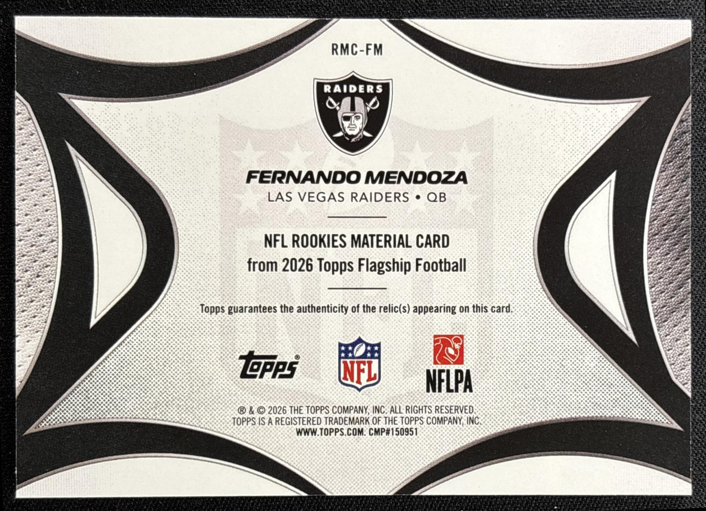 Fernando Mendoza 2026 Topps NFL Rookie Material Raiders - back