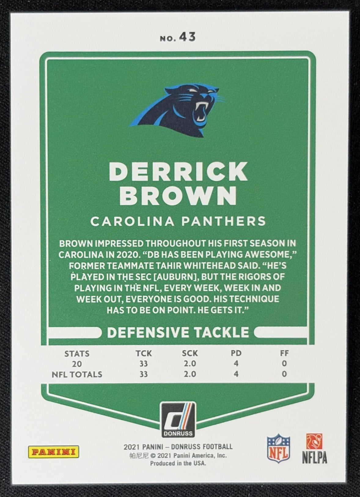 Derrick Brown 2021 Panini Donruss Press Proof Premium Panthers - Carolina Panthers