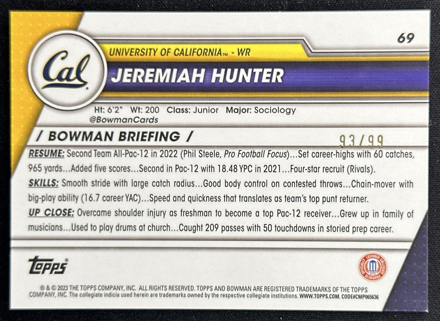 Jeremiah Hunter 2023 University Chrome Green Shimmer Refractor /99 Golden Bears back