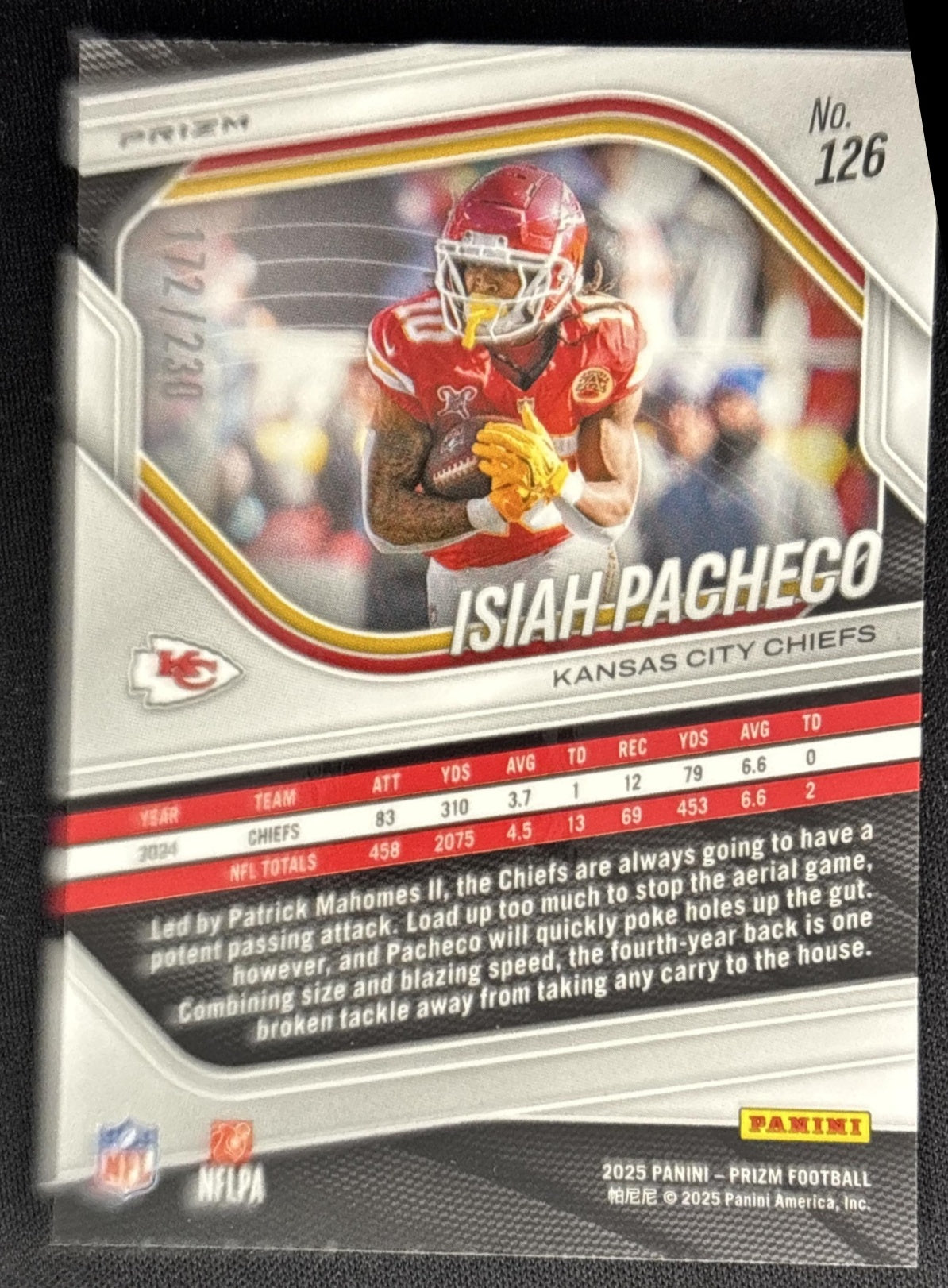 Isiah Pacheco 2025 Panini Prizm Blue Wave /230 Chiefs Sports Trading Cards