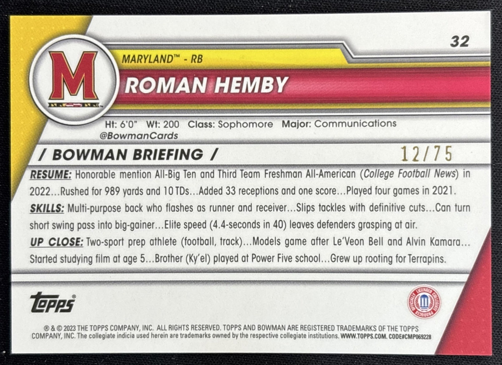 Roman Hemby 2023 Bowman University Chrome Sapphire Yellow /75 back