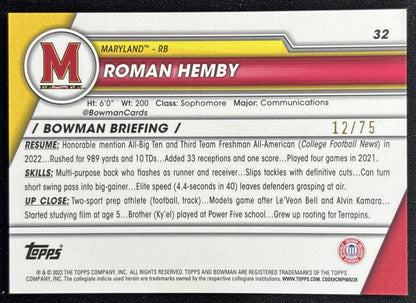 Roman Hemby 2023 Bowman University Chrome Sapphire Yellow /75 back