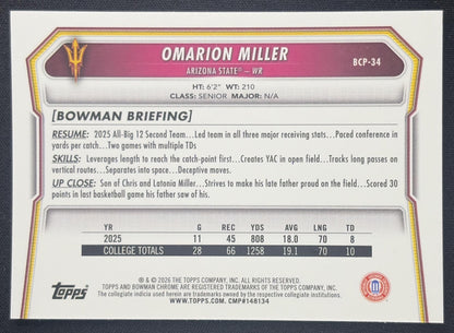 Omarion Miller 2026 Bowman Chrome Prospects Mojo Refractor Sun Devils Sports Trading Card