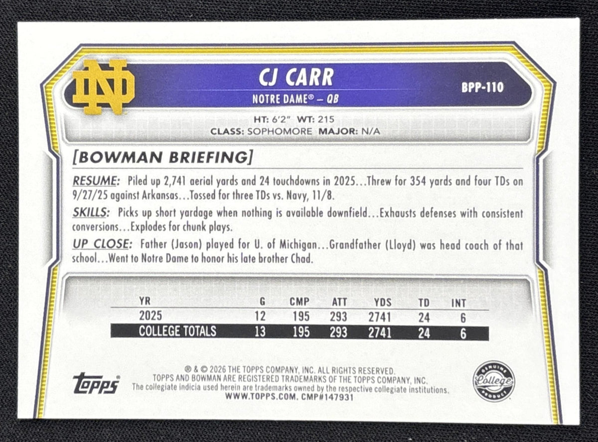 CJ Carr 2026 Bowman Paper Prospects Fighting Irish back