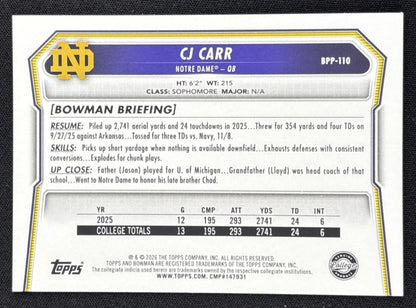 CJ Carr 2026 Bowman Paper Prospects Fighting Irish back