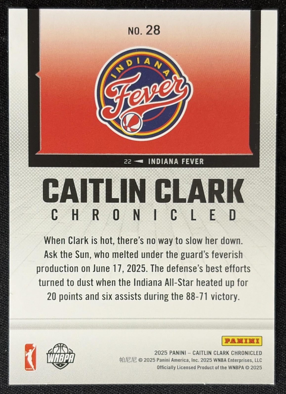 Caitlin Clark 2025 Panini Chronicled WNBA Fever 28 Sports Trading Card